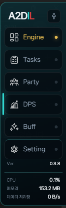 Tasks, Party, DPS, Buff 메뉴가 있는 A2DIL2 미니 런처